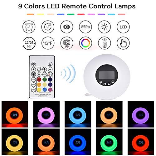 Luz de despertador, Careslong luz de cabecera de alarma de alarma 7 con simulación de amanecer/atardecer, control táctil de luz nocturna con 9 colores y 18 brillo, radio FM/control remoto