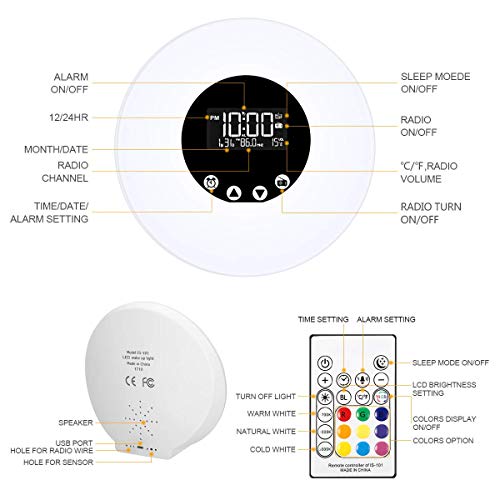 Luz de despertador, Careslong luz de cabecera de alarma de alarma 7 con simulación de amanecer/atardecer, control táctil de luz nocturna con 9 colores y 18 brillo, radio FM/control remoto