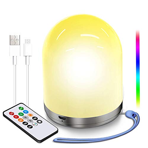 Luz de Noche LED, USB Recargable Lámparas de Mesa, Portátil Regulable Luz Calida, Cambio de color RGB Iluminación infantil Nocturna para Dormitorio de Niños, Cámping (Control remoto Y Temporizador)