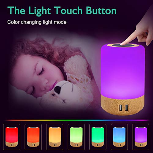 Luz de Nocturna LED, Amouhom Lámpara de Mesita de Noche hay 4 puertos USB, puede cambiar el color, ajustar el brillo para proteger los ojos de niños, utilizar en el dormitorio o salón