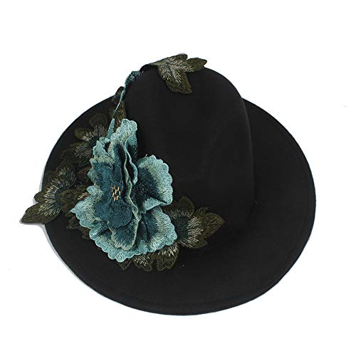 L.W.SURL Nuevos Hombres de Mujer Sombrero de Fedora con Azul Cinta de Flores de Dan Ceja de ala Ancha clásica Fieltro Floppy Cloche Cap Chapeau Sombreros de Copa (Color : Negro, tamaño : 56-58CM)