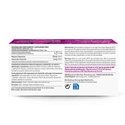 Magnesio Líquido de HSN | 375mg | Alta Biodisponibilidad, Para Aumentar la Energía, Reducir Cansancio, Con Citrato de Magnesio y Vitamina B6 | Vegano, Sin Gluten, Sin Lactosa | 20 Viales