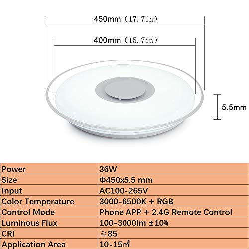 MAKELONG Iluminación de techo de interior,36 450mm 3000lm,Plafonnier Plafón LED Lámpara de Techo con Altavoz Bluetooth, 3000-6500K + RGB ajustable candelabro, Modo de luz nocturna,APP Disponible