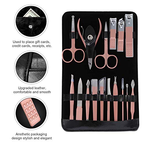 Manicura Pedicura Set 16 PCS Profesional Cortaúñas Acero Inoxidable Grooming Kit - Con Estuche De Viaje De Cuero Lujoso（Negro）