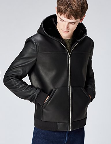 Marca Amazon - find. Chaqueta Efecto Piel con Capucha para Hombre, Negro (Schwarz), L, Label: L