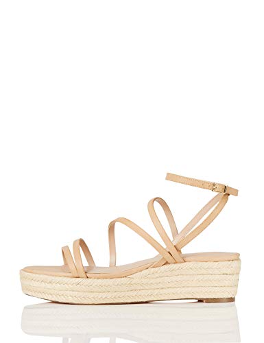 Marca Amazon - find. Strippy Wedge Espadrille Sandalias con cuña Tipo Alpargatas, Beige (Natural), 39 EU