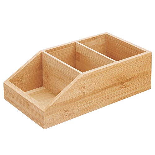 mDesign Caja organizadora grandes de madera de bambú – Organizador de escritorio abierto con 3 compartimentos – Caja de madera ecológica para blocs de notas, clips y demás – color natural