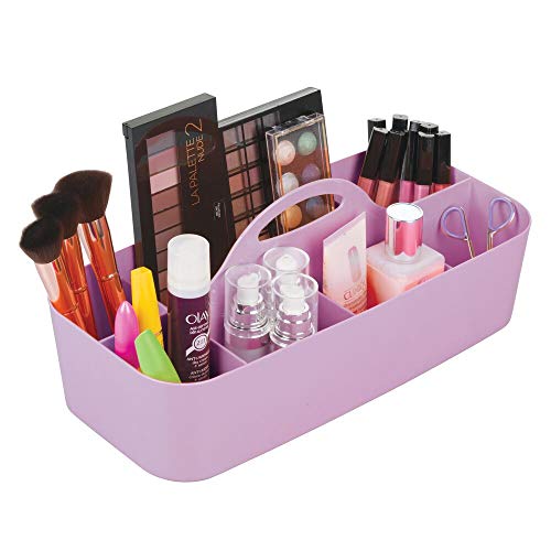 mDesign Cesta de Ducha con 11 Compartimentos – Caja con asa portátil en plástico para Productos de Belleza – Organizador para baño Extragrande para brochas de Maquillaje, pintaúñas y más – Lila