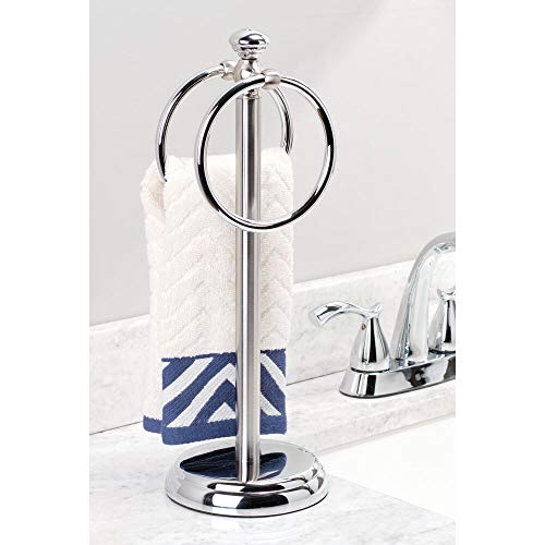 mDesign Moderno toallero para baño de metal pequeño – Colgador de toallas inoxidable con dos aros – Toallero de lavabo ideal para baño de huéspedes – Accesorios de baño sin taladro – plateado