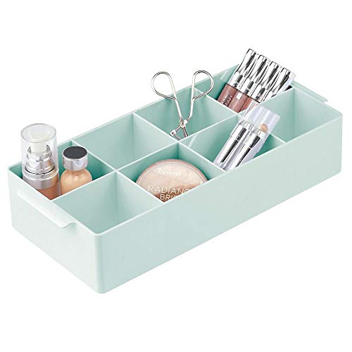 mDesign Organizador de Maquillaje con 8 apartados – Caja con Compartimentos para Guardar cosméticos, pintaúñas, labiales y más – Expositor de Maquillaje con Asas para Lavabo o cómoda – Verde Menta