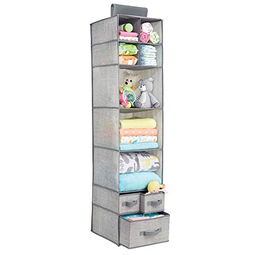 mDesign Organizador de tela con 7 estantes y 3 cajones – Armario de tela para ropa de bebé y otros accesorios – Estantería colgante para artículos de bebés y juguetes – gris