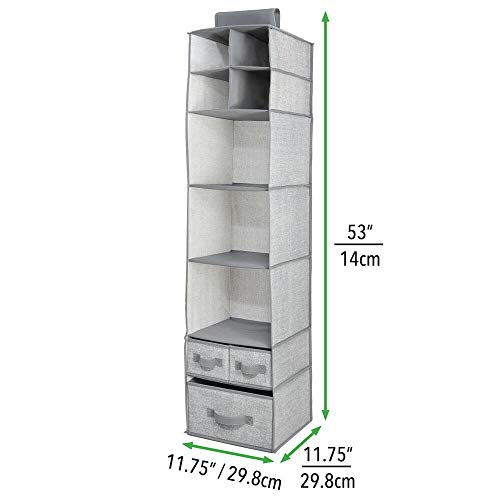 mDesign Organizador de tela con 7 estantes y 3 cajones – Armario de tela para ropa de bebé y otros accesorios – Estantería colgante para artículos de bebés y juguetes – gris