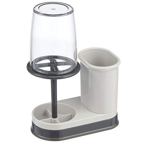 mDesign Portacepillos con vaso para enjuague bucal – Vaso para cepillo de dientes de calidad con tapa – Soporte para cepillos de dientes y pasta dental hecho de plástico – gris claro y gris oscuro