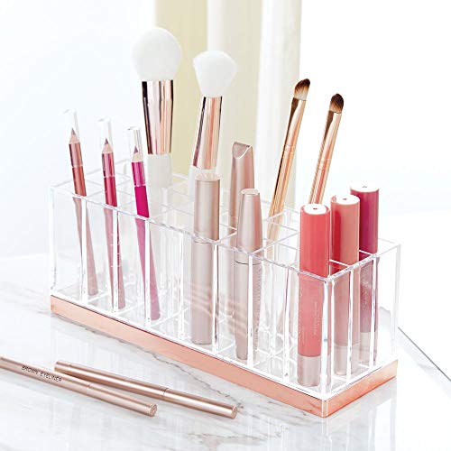 mDesign Práctico organizador de maquillaje – Decorativa caja para guardar cosméticos como esmaltes de uñas o labiales – Expositor de maquillaje con 24 compartimentos – transparente/dorado rojizo