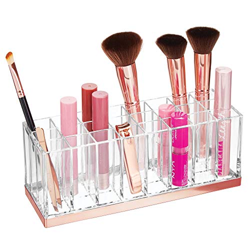 mDesign Práctico organizador de maquillaje – Decorativa caja para guardar cosméticos como esmaltes de uñas o labiales – Expositor de maquillaje con 24 compartimentos – transparente/dorado rojizo