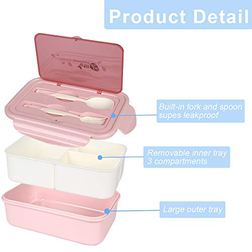 MEIXI Fiambrera Infantil Caja de Bento con 3 Compartimentos y Cubiertos Fiambreras Caja de Alimentos Ideal para Almuerzo y Bocadillos para Niños y Adultos (Rosado)