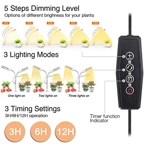 Mejora la luz de crecimiento con temporizador de encendido / apagado automático 3/6/12 h, 156 LED Lámpara de crecimiento de espectro completo similar al sol, luz de planta de 3 cabezales