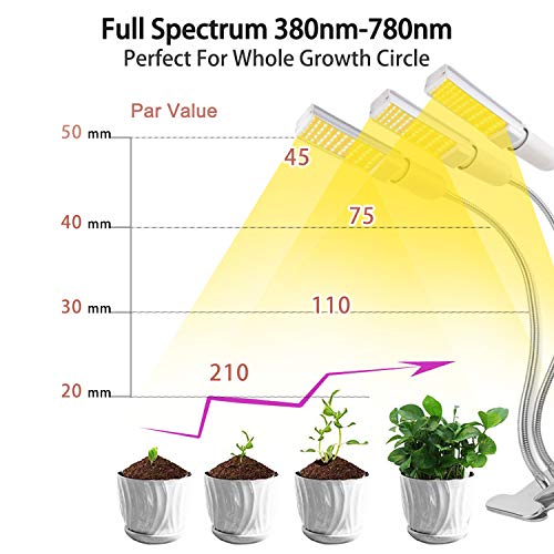 Mejora la luz de crecimiento con temporizador de encendido / apagado automático 3/6/12 h, 156 LED Lámpara de crecimiento de espectro completo similar al sol, luz de planta de 3 cabezales