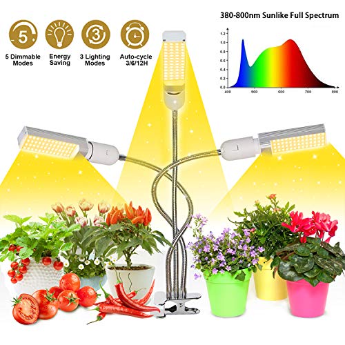 Mejora la luz de crecimiento con temporizador de encendido / apagado automático 3/6/12 h, 156 LED Lámpara de crecimiento de espectro completo similar al sol, luz de planta de 3 cabezales