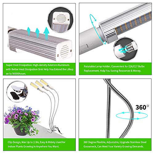 Mejora la luz de crecimiento con temporizador de encendido / apagado automático 3/6/12 h, 156 LED Lámpara de crecimiento de espectro completo similar al sol, luz de planta de 3 cabezales