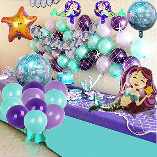 Mermaid Party Supplies Set Decoration,Mermaid Bunting Banner,Fish Net,Latex Balloons,Mermaid Balloons for Girl'S Party Under The Sea Theme Bridal and Baby Shower Mermaid Party Décor …