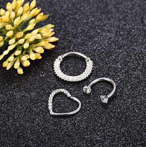 Milacolato Joyas Piercing del Cuerpo de Acero Inoxidable Anillos en la Nariz Daith Cartílago Clicker Hoop Piercings en el Tabique Circonita 3 Piezas