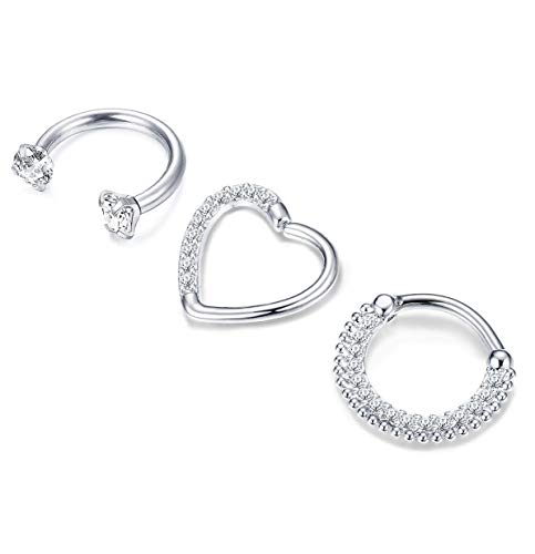 Milacolato Joyas Piercing del Cuerpo de Acero Inoxidable Anillos en la Nariz Daith Cartílago Clicker Hoop Piercings en el Tabique Circonita 3 Piezas