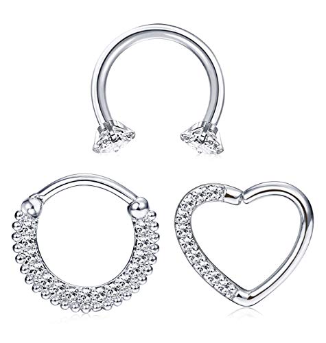 Milacolato Joyas Piercing del Cuerpo de Acero Inoxidable Anillos en la Nariz Daith Cartílago Clicker Hoop Piercings en el Tabique Circonita 3 Piezas