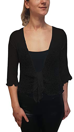 Mimosa Señoras Mujeres Crochet Bolero Brillo y Liso de Encaje Elastico Cardigan Abierto (Talla Unica ES 36-44, Black)