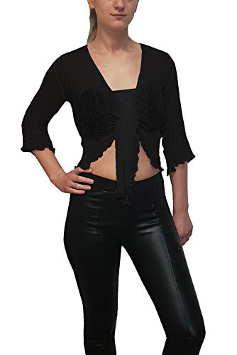 Mimosa Señoras Mujeres Crochet Bolero Brillo y Liso de Encaje Elastico Cardigan Abierto (Talla Unica ES 36-44, Black)