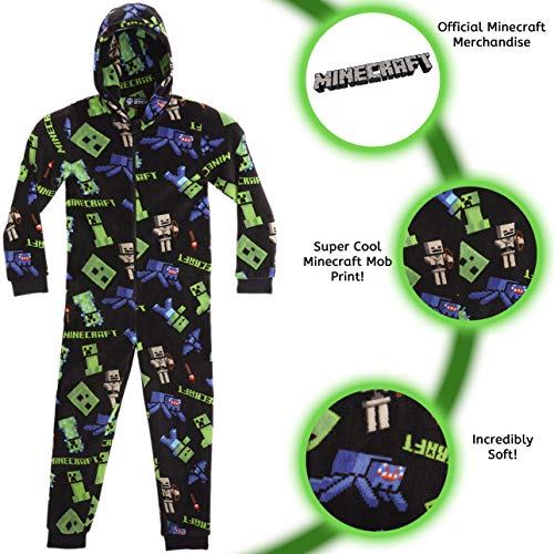 Minecraft Pijama Entero para Niños con Capucha, Pijamas Super Suaves de Una Pieza, Mono Disfraz Niño, Ropa de Dormir Invierno, Regalos para Niños Niñas Adolescentes 5-14 Años (Negro, 9/10 Años)