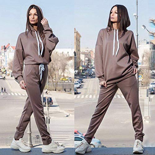 Minetom Mujeres 2 Piezas Set Conjunto de Chándal Manga Larga Deportivos Sudadera con Capucha + Pantalones Oversized Color Sólido Monos Jumpsuit B Caqui ES 40