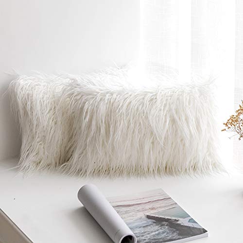 MIULEE Navidad Juego de 2 Funda de Almohada Cojines de Piel Decorativos Cuadrados y Suaves Cojines PeloPara la Decoración del Hogar Sofá Cama del12x20 Inch 30 x 50 cm Blanco