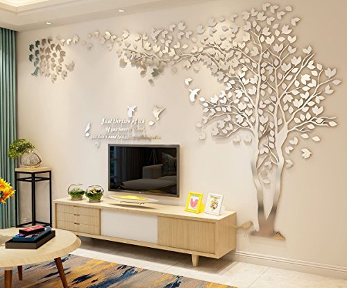 MJTP DIY 3D Enorme Árbol de Pareja Pegatinas de Pared Cristal Acrílico Calcomanías Murales Decoración Hogareña Artes de la Pared (L, Plata, Derecha a Izquierda)