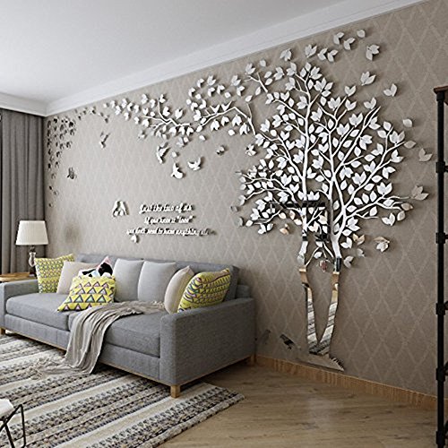 MJTP DIY 3D Enorme Árbol de Pareja Pegatinas de Pared Cristal Acrílico Calcomanías Murales Decoración Hogareña Artes de la Pared (L, Plata, Derecha a Izquierda)