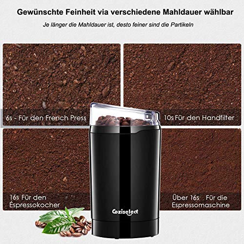 Molinillo de Café Eléctrico, Coziselect Molinillos de Especias Semillas Frutos Secos con Cuchillas de Acero Inoxidable, Capacidad 75 g, 220W, Negro