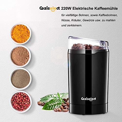 Molinillo de Café Eléctrico, Coziselect Molinillos de Especias Semillas Frutos Secos con Cuchillas de Acero Inoxidable, Capacidad 75 g, 220W, Negro