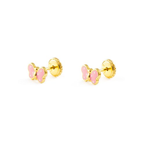 Monde Petit T1663P - Pendientes de bebe/niña oro 18 kts. mariposa esmaltada, color rosa