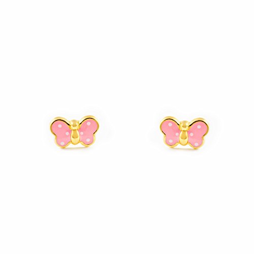 Monde Petit T1663P - Pendientes de bebe/niña oro 18 kts. mariposa esmaltada, color rosa