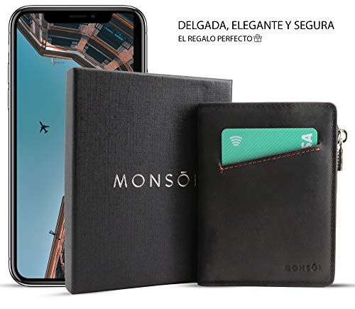 MONSOI® Cartera Hombre Pequeña RFID de Piel Auténtica | Cartera Minimalista con Llavero | Fina y Ligera, Espacio Para Hasta 10 Tarjetas, Efectivo y Monedas | Billetera Hombre Con monedero y cremallera