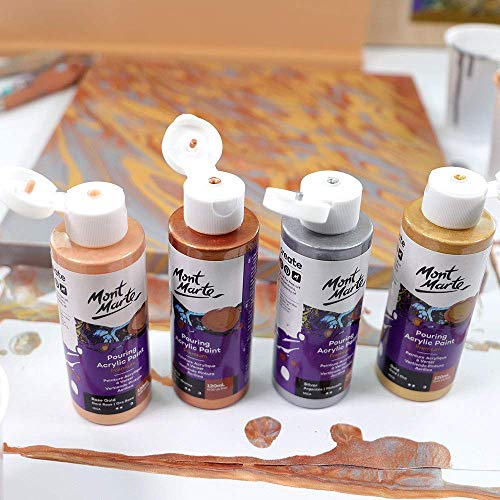 Mont Marte Pinturas Acrilicas Pouring Set Metalizada – 4 piezas x 120ml – Pinturas acrílicas premezcladas con Pouring Medium – Oro, Plata, Bronce, Oro Rosa