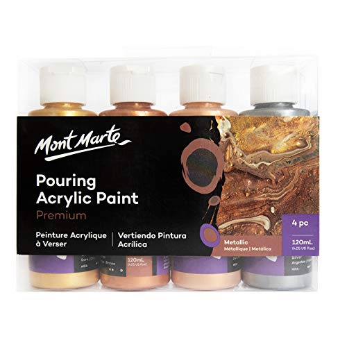 Mont Marte Pinturas Acrilicas Pouring Set Metalizada – 4 piezas x 120ml – Pinturas acrílicas premezcladas con Pouring Medium – Oro, Plata, Bronce, Oro Rosa