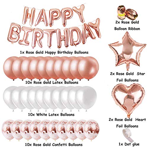 MOULLY Globos de Cumpleaños Oro Rosa, Decoración de Cumpleaños en Globo Oro Rosa, Guirnalda de Globos Happy Birthday, Globus de Confeti, Set de Decoraciones para Fiestas de Niñas y Mujeres