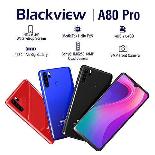 Moviles Libres, Blackview A80 Pro Smartphone Libre (2020), 6.49” 19:9 HD+ Pantalla, Helio P25 Octa-Core 4GB RAM 64GB ROM, 4680mAh, Cámara 13MP+8MP+0.3MP+0.3MP, 4G Android 9.0, Dual SIM (Rosa)