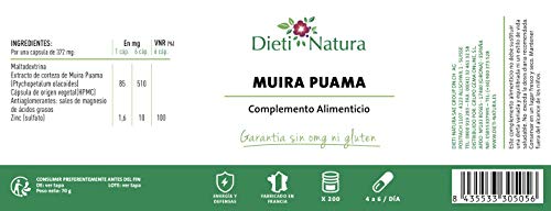 Muira Puama 200 cápsulas de Dieti Natura. Energizante y tonificante [Fabricado en Francia][Garantía Sin OGM ni Gluten] (Bote de 200 cápsulas)