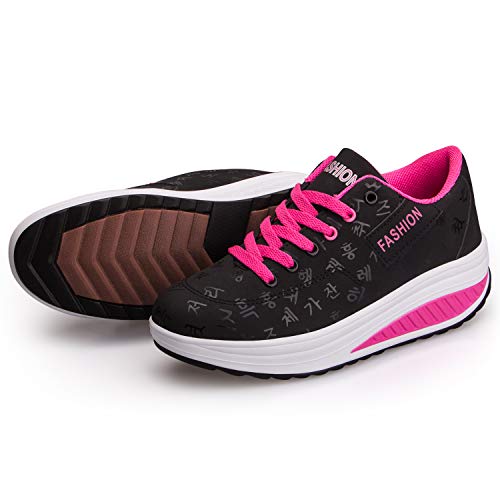 Mujer Adelgazar Zapatos Sneakers para Caminar Zapatillas Aptitud Cuña Plataforma Zapatos（37,Negro