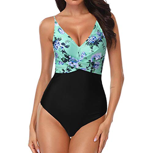 Mujeres One Piece Estampado de Flores Ojo de la Cerradura de Malla Halter Plunge Monokini Fruncido Traje de baño Mujer Tallas Grandes Vendaje de impresión Sujetador Acolchado Bikini 2019 Moda New