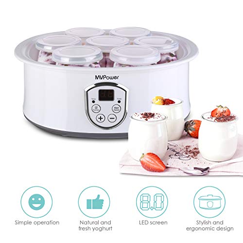 MVPower Yogurtera con Termostato Ajustable y Temporizador, 7 Tarros de 180ml, Máquina para Yogur Natural con Pantalla LCD, 20W