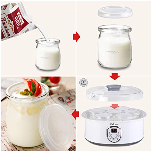 MVPower Yogurtera con Termostato Ajustable y Temporizador, 7 Tarros de 180ml, Máquina para Yogur Natural con Pantalla LCD, 20W