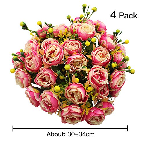 MZMing [4 Piezas] Flores de Peonía Artificial Flor de Peonía Falsa Arreglos Florales Ramo de Novia Flor de Seda con Brotes y Hojas para Casa Cocina Oficina Jardín Boda Fiesta Decoración - Rosado